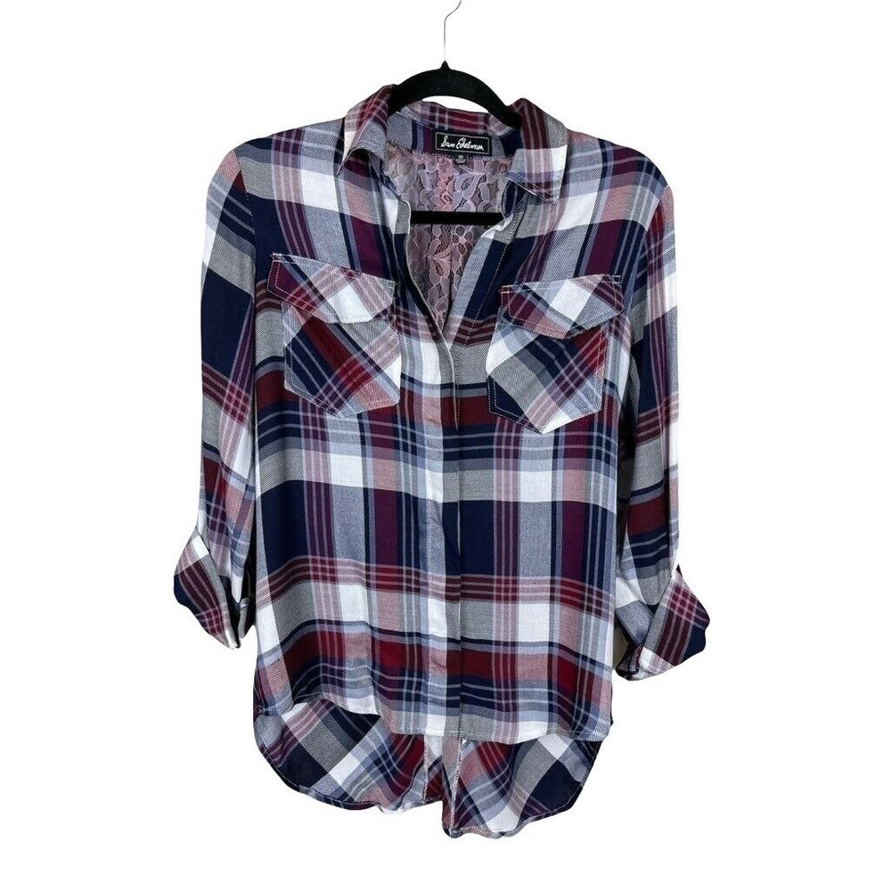 Sam Edelman Womens Riley Button Front Shirt Multicolor Plaid Lace Split Back XS - Picture 3 of 11